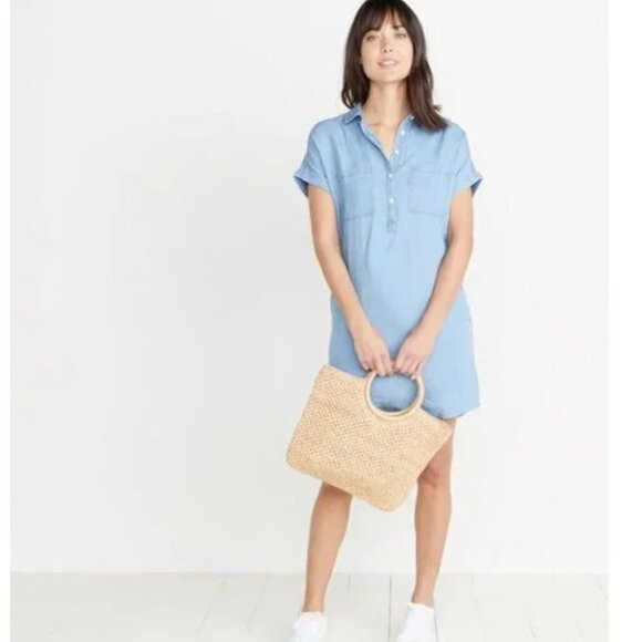 Marine Layer Rebecca Popover Chambray Polka Dot Dress Medium - Picture 1 of 9